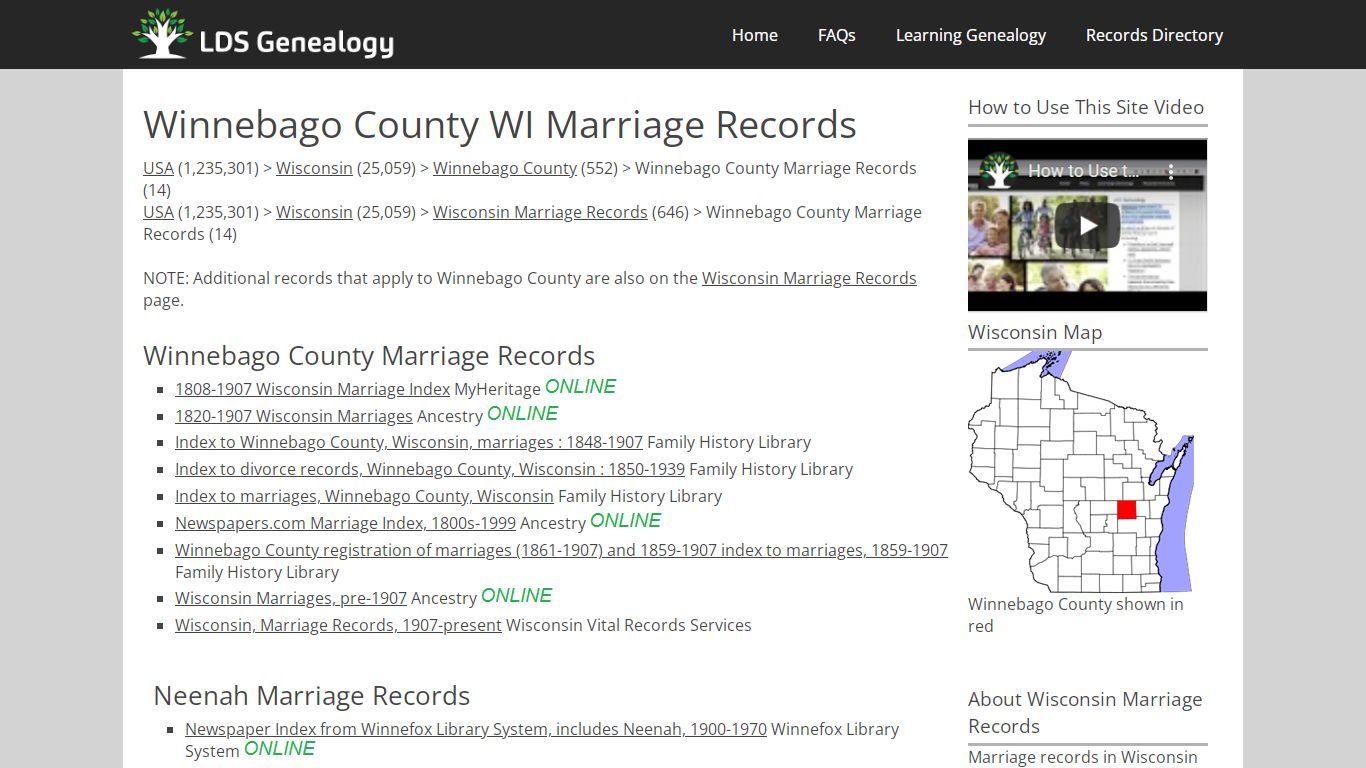 Winnebago County WI Marriage Records - LDS Genealogy